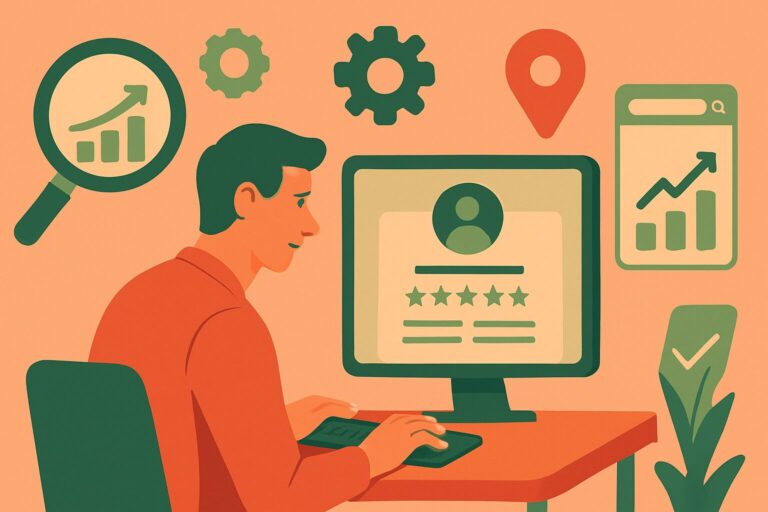Illustration of a digital marketer analyzing customer reviews and performance metrics on a computer, surrounded by icons representing SEO growth, analytics, location tracking, and user experience optimization.