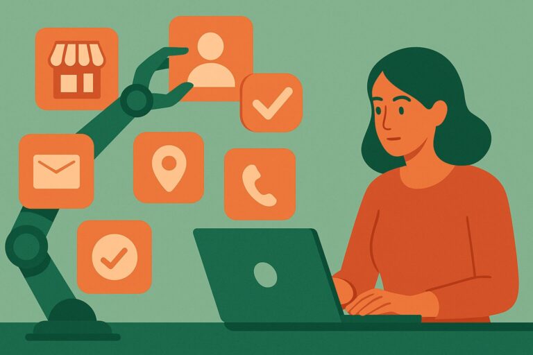 Illustration of a woman using a laptop while a robotic arm interacts with digital icons representing email, contact, location, user profile, and business-related services, symbolizing automation and AI in customer service or digital marketing.