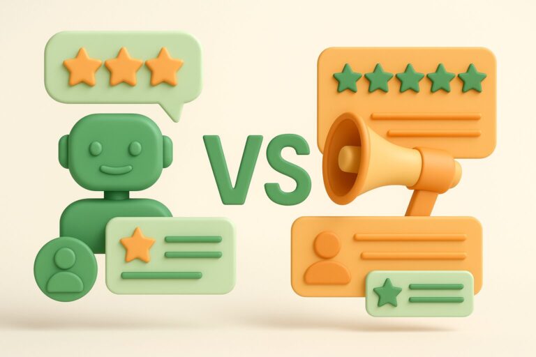 Illustration comparing AI review agents with review generation services, showing a robot with review stars on the left and a megaphone with five-star ratings on the right