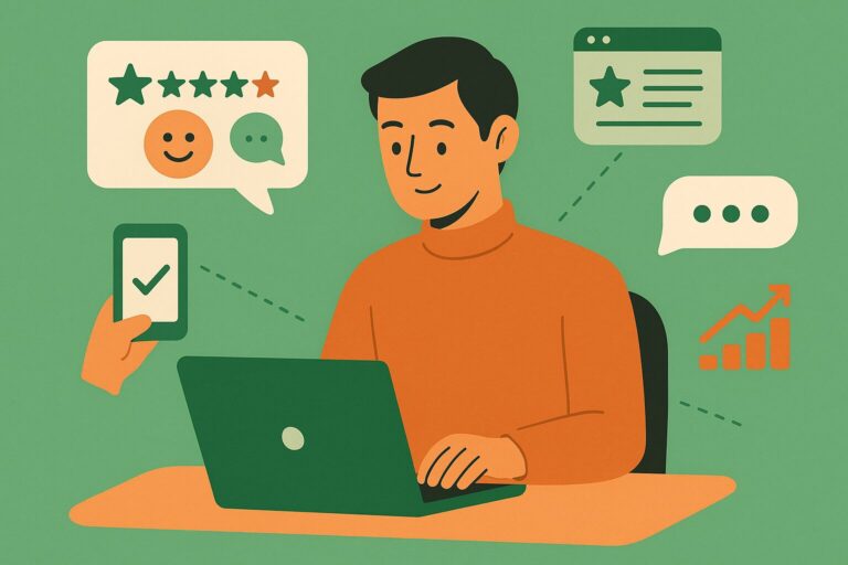 Illustration of a business owner using a laptop to manage online reviews, with icons showing star ratings, mobile checkmarks, customer feedback, and analytics growth.