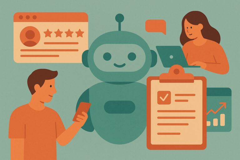 Illustration of a Vertical AI chatbot helping users manage online reviews, analyze feedback, and boost local SEO with performance tracking tools
