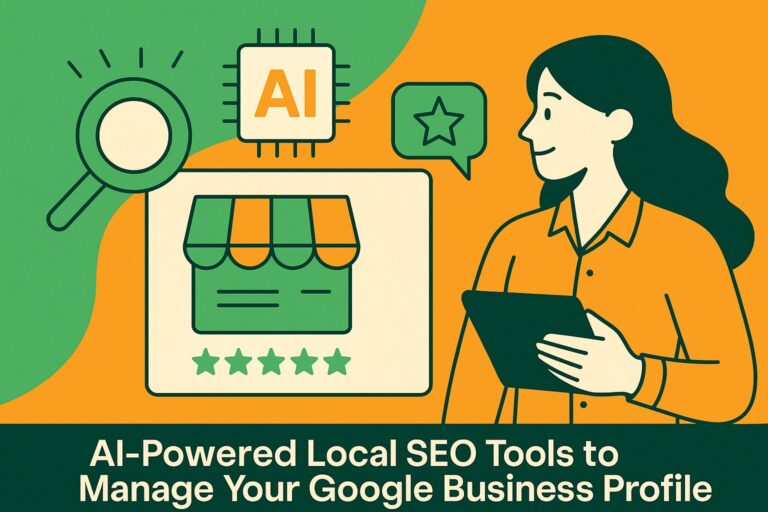 Illustration of a woman using AI-powered local SEO tools to manage a Google Business Profile, featuring a storefront icon, star ratings, and AI chip.