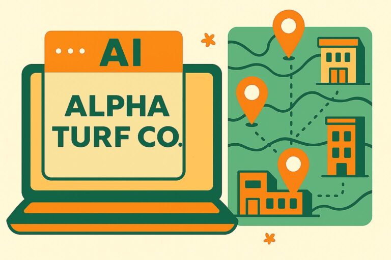 Illustration of a stylized laptop and map interface. The laptop screen displays the text "AI ALPHA TURF CO." and the adjacent map shows multiple buildings connected by dotted lines with orange location pins, representing multiple business locations. The color palette includes green, orange, and beige tones.