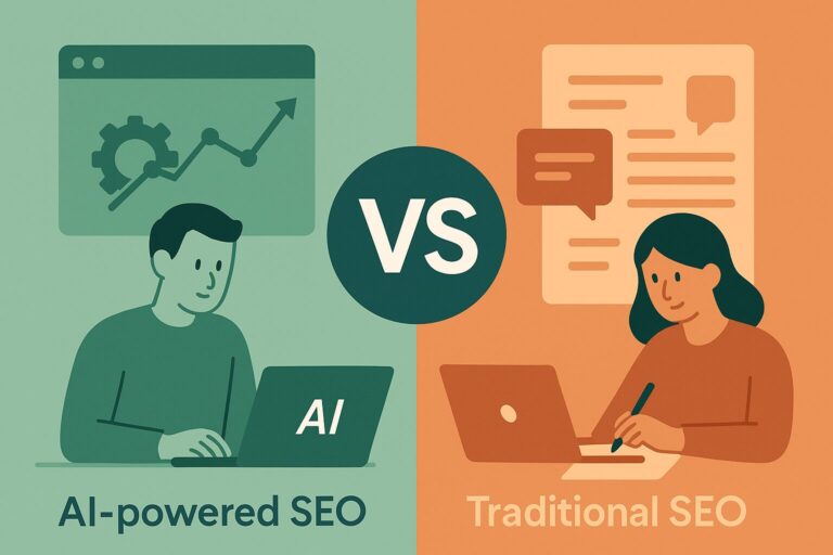 Illustration comparing AI-powered SEO vs. traditional SEO with two people working on laptops, highlighting modern automated tools versus manual strategies.