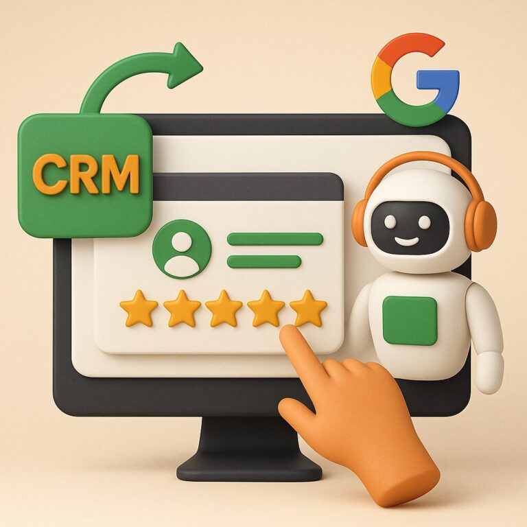 Illustration of CRM integration with AI for boosting Google reviews, featuring a chatbot, five-star rating, user profile, and Google branding.