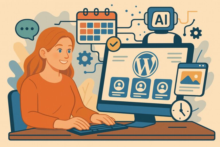Blogger using WordPress dashboard with AI robot plus calendar and clock icons; vertical AI agents automate blog schedule.