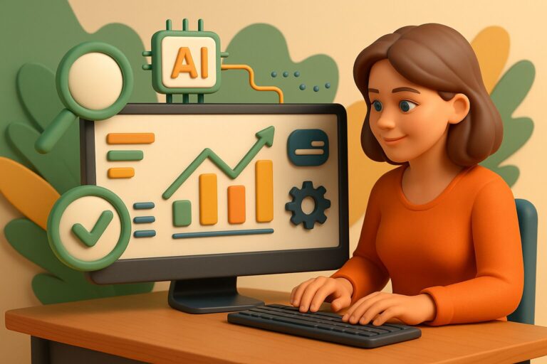 Small business owner reviewing website performance insights with vertical AI agent, chart and magnifier displayed on monitor.