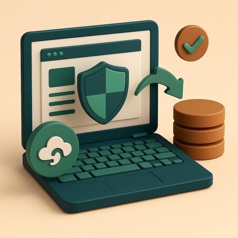 Illustration of AI-powered website backup and restore system with cloud storage, secure shield icon, and data recovery symbols on a laptop screen.