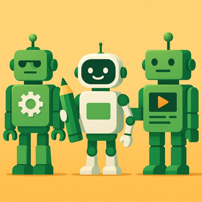 Illustration of three types of AI robots representing Traditional AI, Generative AI, and Agentic AI on a yellow background