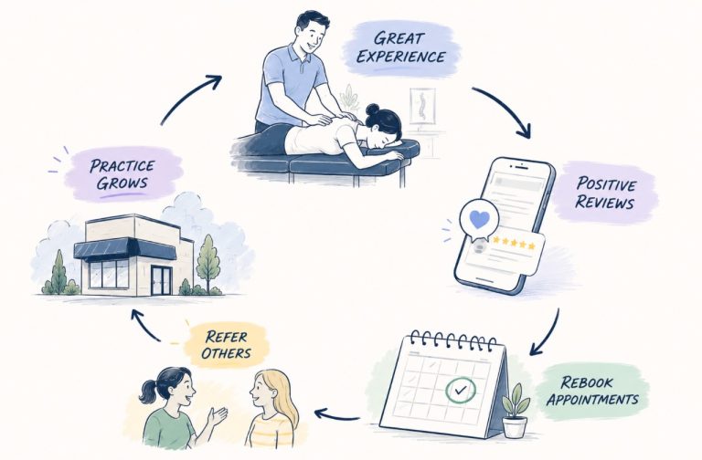 Chiropractic growth loop showing reviews, rebooking, referrals, and patient trust